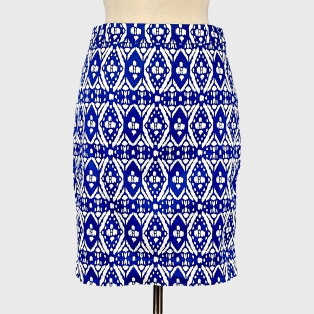 J Crew Womens Blue Ikat Pencil Skirt Cotton Stretch Knee Length size 4